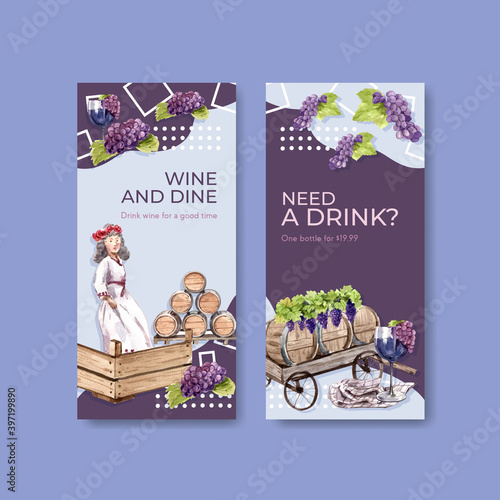 Flyer template with wine farm concept design for brochure and marketing watercolor vector illustration.