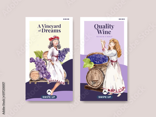 Instagram template with wine farm concept design for social media watercolor vector illustration.