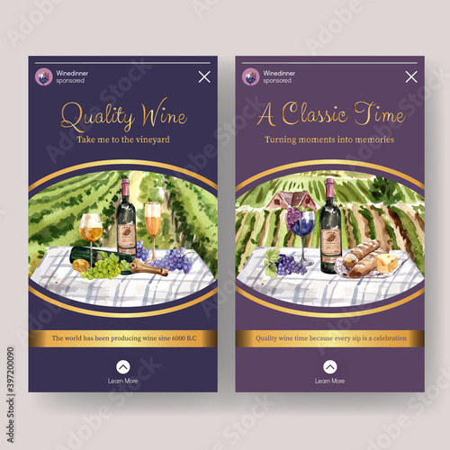 Instagram template with wine farm concept design for social media watercolor vector illustration.