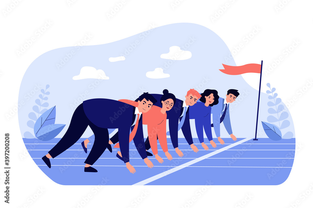 Office employees at start line of racing track. Business professionals ready to run sprint. Vector illustration for career competition, office competitors, rivalry concept