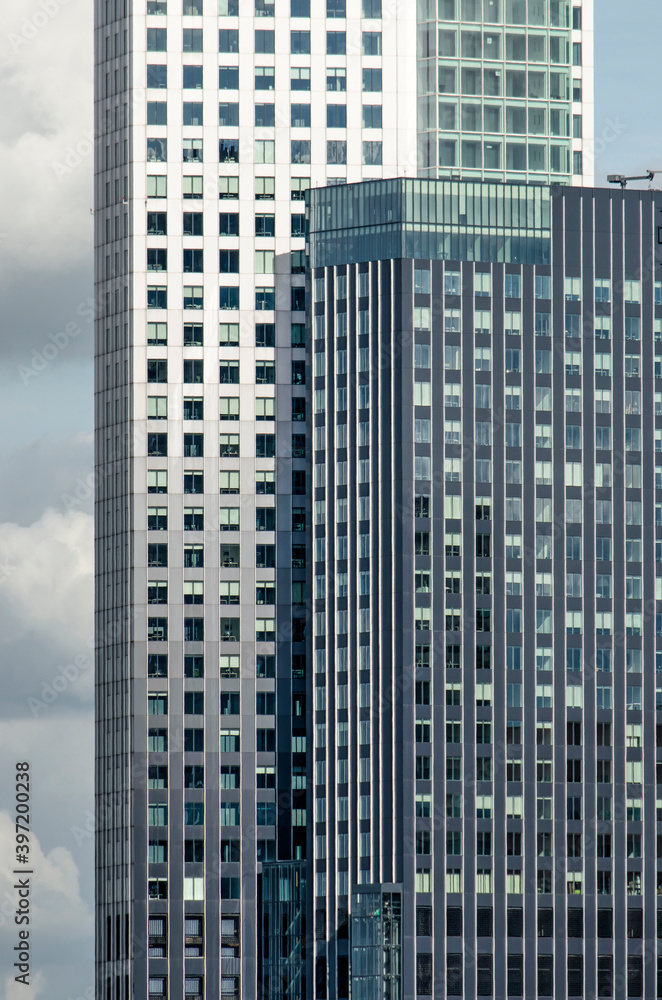 Rotterdam, The Netherlands, September 6, 2020: part of the west facade of the Maastoren (Maas Tower) office building Rotterdam, The Netherlands, September 6, 2020: part of the west facade of the Maastoren (Maas Tower) office building