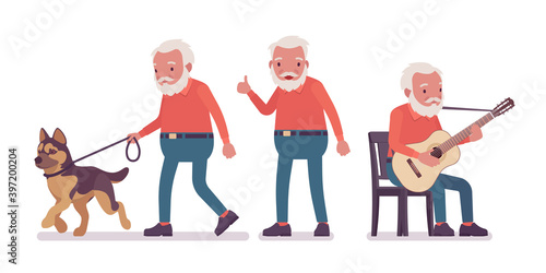 Old man, happy elderly person with guitar, pet dog. Senior citizen over 65 years, retired bearded grandfather, aged pensioner. Vector flat style cartoon illustration isolated, white background