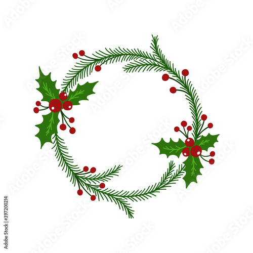 Hand drawn christmas wreath with red berries, green leaves and fir branches. 