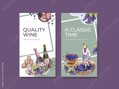 Instagram template with wine farm concept design for social media watercolor vector illustration.