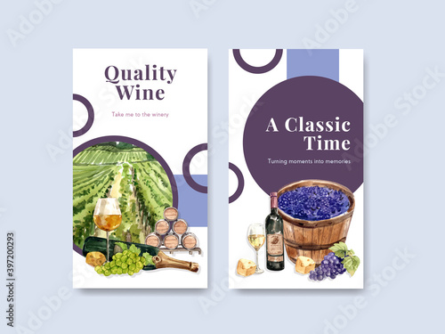 Instagram template with wine farm concept design for social media watercolor vector illustration.