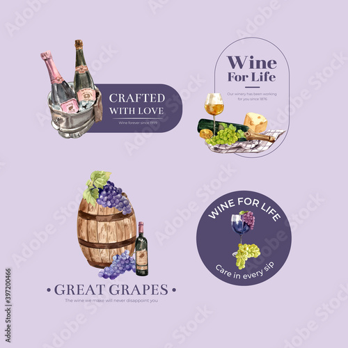 Logo design with wine farm concept for branding and marketing watercolor vector illustration.