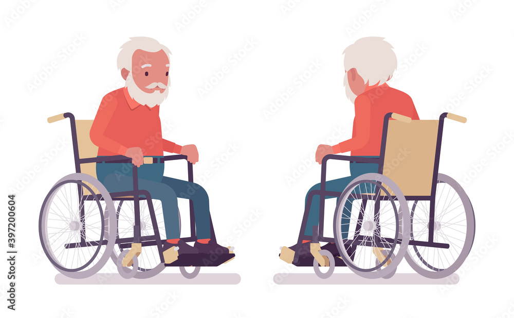 Old man, elderly person sitting in a wheelchair. Senior citizen over 65 years, retired bearded grandfather, old age pensioner. Vector flat style cartoon illustration isolated, white background Old man, elderly person sitting in a wheelchair. Senior citizen over 65 years, retired bearded grandfather, old age pensioner. Vector flat style cartoon illustration isolated, white background
