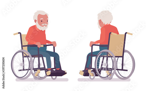 Old man, elderly person sitting in a wheelchair. Senior citizen over 65 years, retired bearded grandfather, old age pensioner. Vector flat style cartoon illustration isolated, white background