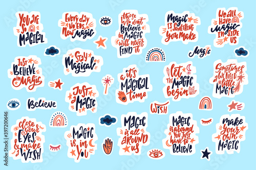 Set of hand drawn cute stickers with inspirational lettering quotes.