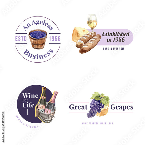 Logo design with wine farm concept for branding and marketing watercolor vector illustration.
