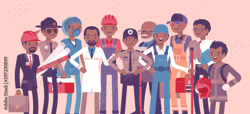 Black male professional workers of different occupations and jobs. Group of people in management, office, banking, medicine, science career. Vector creative stylized illustration