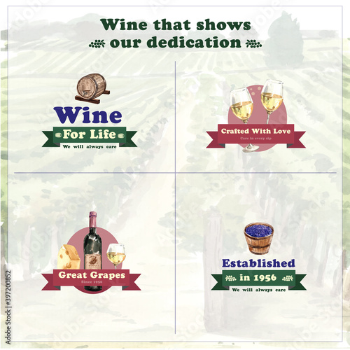 Logo design with wine farm concept for branding and marketing watercolor vector illustration.