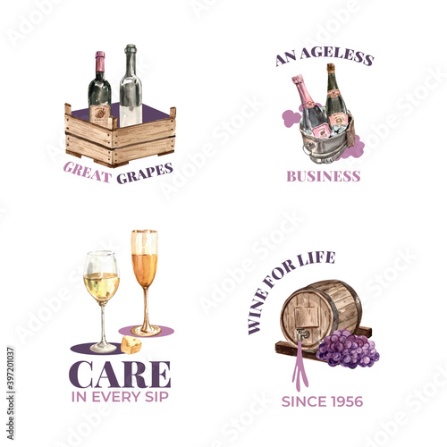 Logo design with wine farm concept for branding and marketing watercolor vector illustration.
