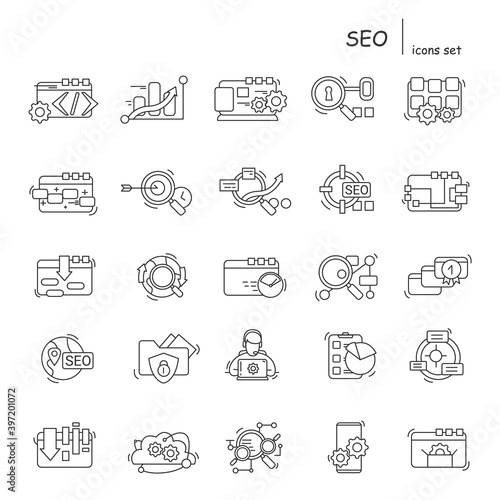 SEO and development icon pack. Linear pictogram set for web development, search engine content optimization service, internet marketing and mobile application ui. Editable stroke vector illustration 