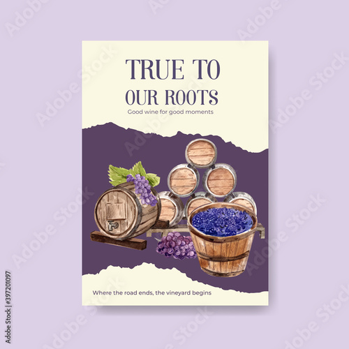 Poster template with wine farm concept design for advertise and marketing watercolor vector illustration.