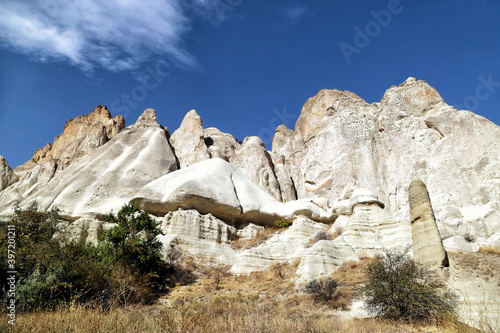 Unusually shaped cliffs of volcanic origin in the White Valley in the Cappadocia region in Turkey.