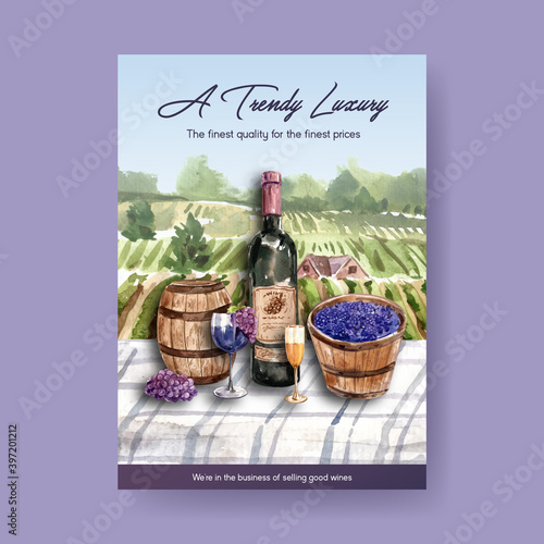 Poster template with wine farm concept design for advertise and marketing watercolor vector illustration.