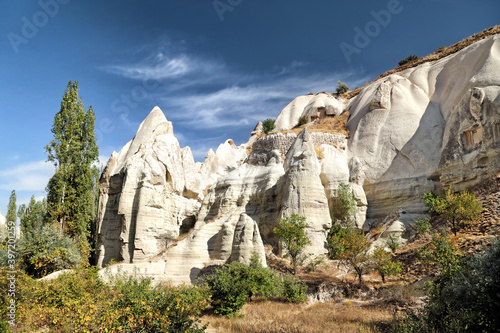 Unusually shaped cliffs of volcanic origin in the White Valley in the Cappadocia region in Turkey.