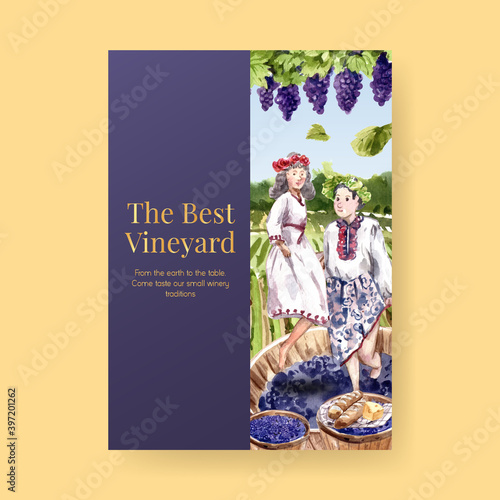 Poster template with wine farm concept design for advertise and marketing watercolor vector illustration.