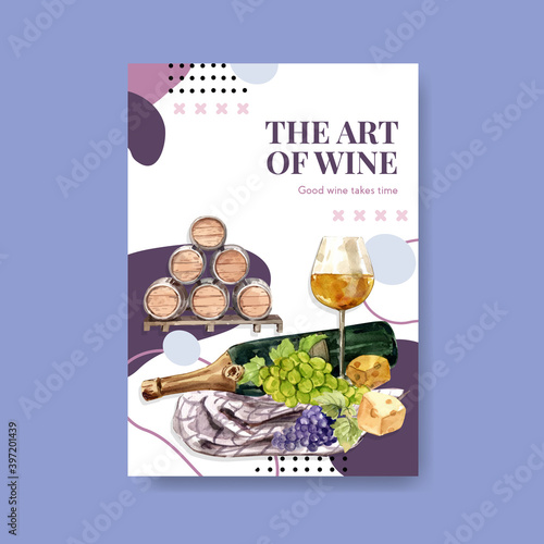 Poster template with wine farm concept design for advertise and marketing watercolor vector illustration.