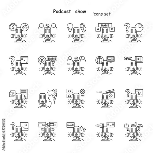 Podcast creating line icons set. Broadcasting process linear graphics, step by step. Internet digital recording, web broadcasting concept. Isolated vector illustrations. Editable stroke 