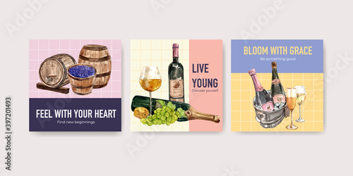 Advertise template with wine farm concept design for marketing watercolor vector illustration.