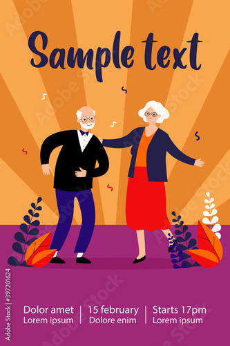 Active funny old couple dancing at party. Grandparents celebrating anniversary. Vector illustration for senior age, retirement, having fun, celebration concept