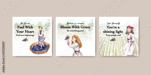 Advertise template with wine farm concept design for marketing watercolor vector illustration.