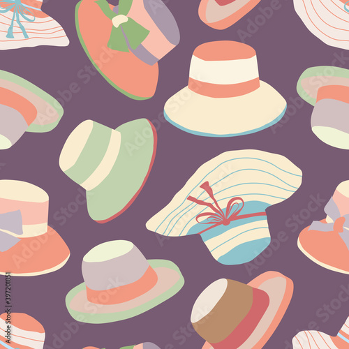 Mix of vintages style posh hat seamless vector pattern background. Midcentury retro color style design backdrop with different types of hand drawn women hats. All over print for summer party concept