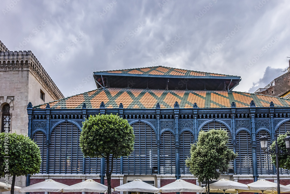 View of Malaga Atarazanas Market (Mercado Central de Atarazanas) with 1XIV century Moorish architecture and XIX century industrial design. Malaga, Andalusia, Spain.