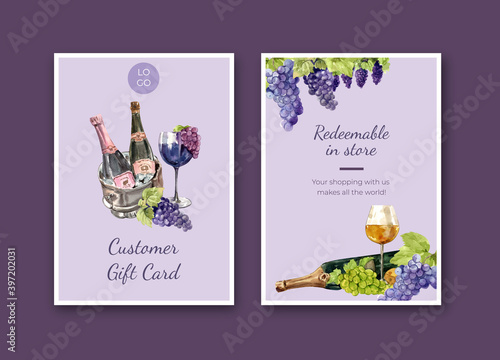 Thank you card template with wine farm concept design for greeting and anniversary watercolor vector illustration.