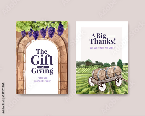 Thank you card template with wine farm concept design for greeting and anniversary watercolor vector illustration.