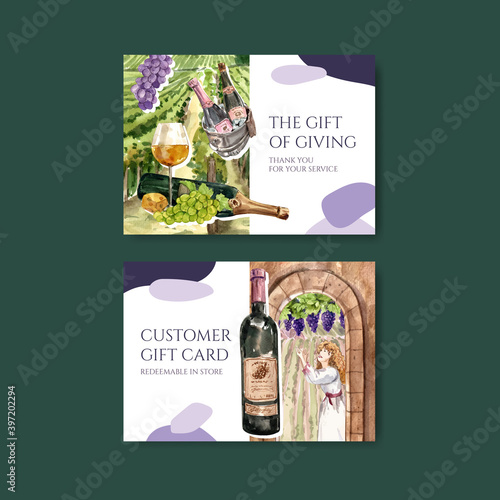 Thank you card template with wine farm concept design for greeting and anniversary watercolor vector illustration.