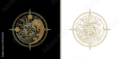 Compass and waves in high tide, spiritual guidance tarot reader Colorful gradient design. illustration.