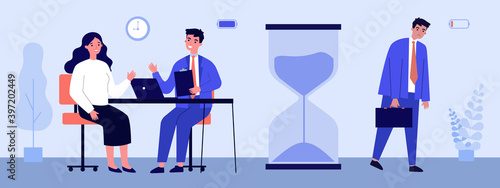 Low and high energy for work. Cheerful effective employees, exhausted worker flat vector illustration. Burnout, efficiency concept for banner, website design or landing web page