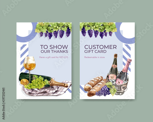 Thank you card template with wine farm concept design for greeting and anniversary watercolor vector illustration.