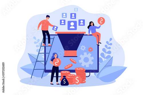 Bloggers generating new leads and getting money from inbound subscribers. Influencers funnel converting audience into income. Vector illustration for social media marketing, earning, blogging concept