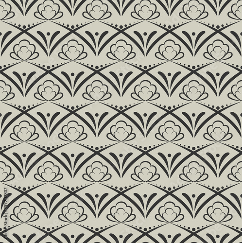 Ornamental geometric seamless pattern. Hand drawn graphic design, nature folklore flourish, leaves, floral elements, black line texture on grey background