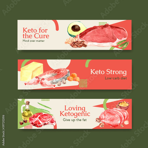 Banner template with ketogenic diet concept for advertise and marketing watercolor vector illustration.