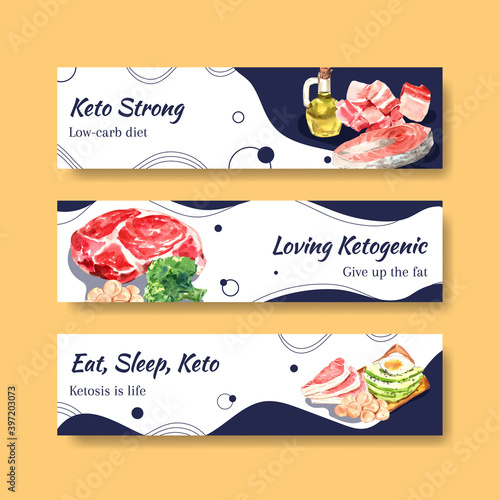 Banner template with ketogenic diet concept for advertise and marketing watercolor vector illustration.