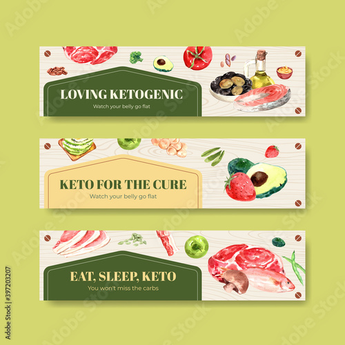 Banner template with ketogenic diet concept for advertise and marketing watercolor vector illustration.