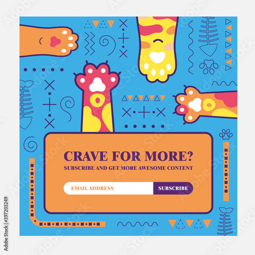 Email subscription design with cat paws. Online newsletter template with fluffy kitten paws on blue background. Domestic animals and pets concept. Design for website illustration