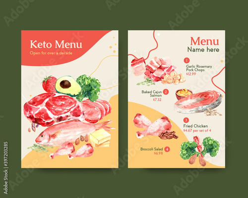 Big menu template with ketogenic diet concept for restaurant and food shop watercolor vector illustration.