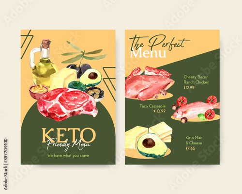 Big menu template with ketogenic diet concept for restaurant and food shop watercolor vector illustration.