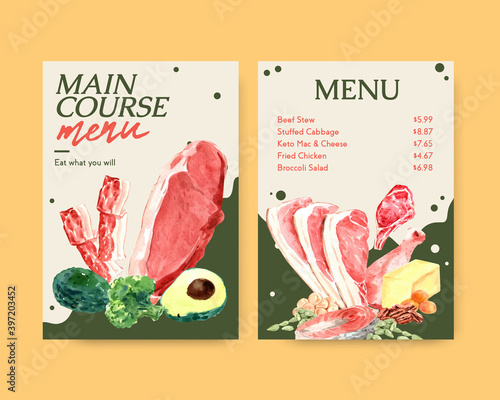 Big menu template with ketogenic diet concept for restaurant and food shop watercolor vector illustration.