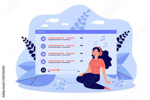 Girl in headphones listening to music from audio playlist. Vector illustration for entertainment, musical app, online player concept