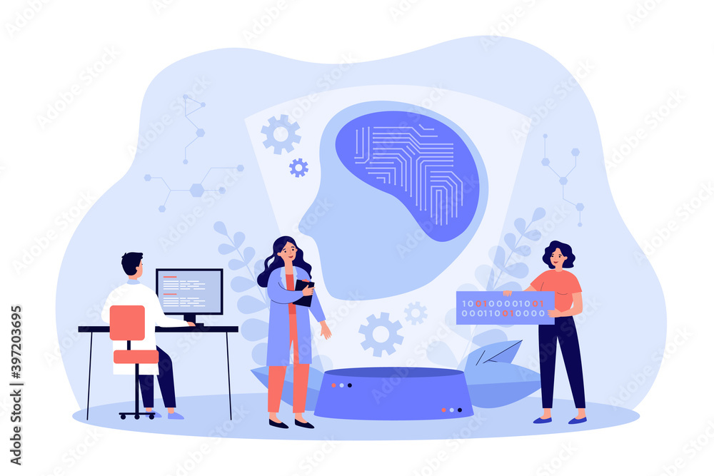 Scientists creating artificial intelligence, writing codes, programming machine learning. Vector illustration for data science, computer technology, ai concept