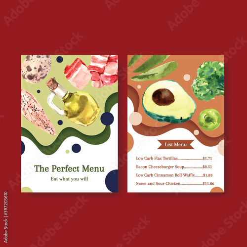 Big menu template with ketogenic diet concept for restaurant and food shop watercolor vector illustration.