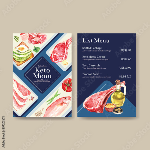 Big menu template with ketogenic diet concept for restaurant and food shop watercolor vector illustration.