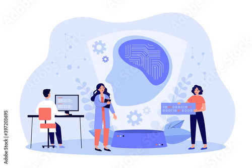 Scientists creating artificial intelligence, writing codes, programming machine learning. Vector illustration for data science, computer technology, ai concept